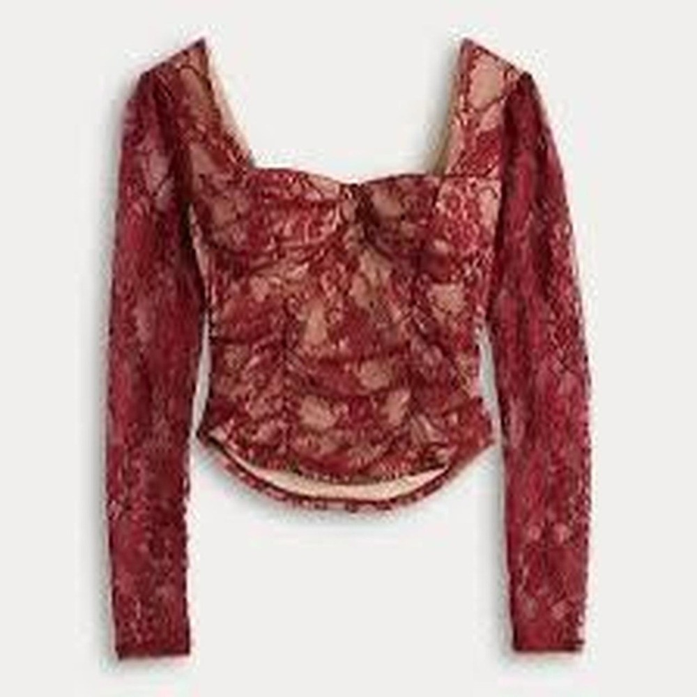 Burgundy Lace Low Back Long Sleeve Corset Top XL Coquette Fairycore Renaissance